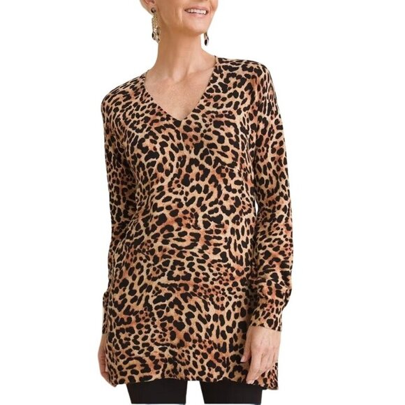 Chico's Sweater Cashmere Blend Animal Print Tunic Lynx V-neck Size 1/ M $119 - Picture 1 of 11